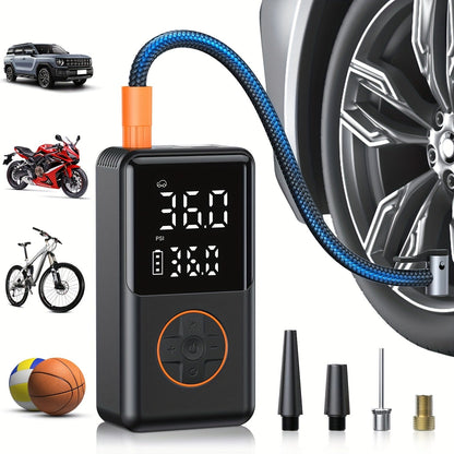 Compact Cordless Tire Inflator with Digital LCD Screen, Blue Air Hose and Pictured Valve Adapters