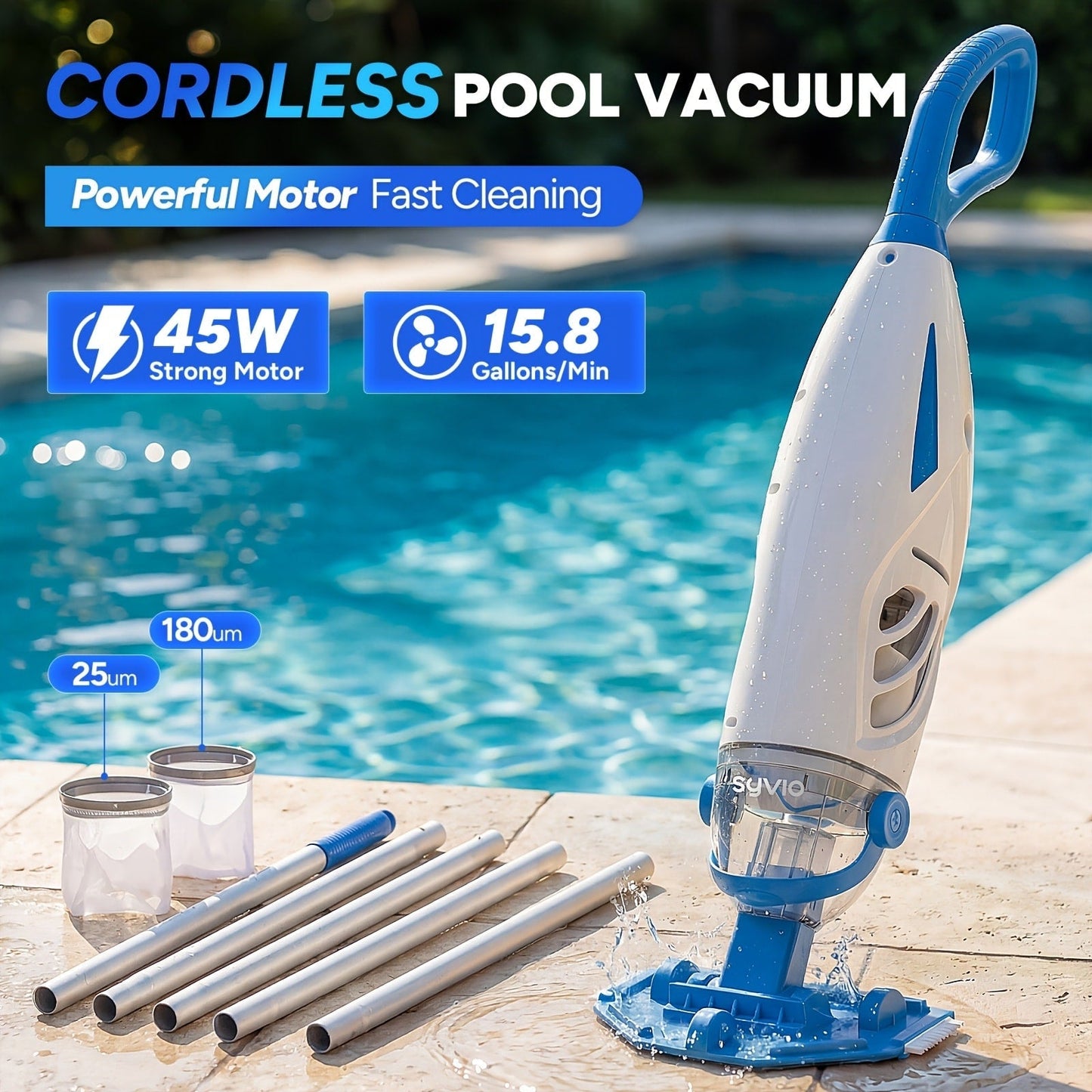 Cordless Pool Vacuum Cleaner 15.8 GPM Suction, 60-Min Runtime, Telescopic Pole for Entryways, Bedrooms and Living Spaces