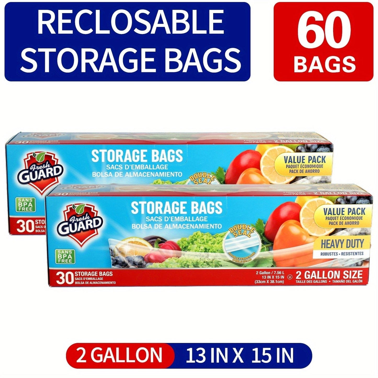 Reclosable Food Storage Bags Heavy Duty Ziplock Seal Fresh-Keeping Bags for Fruits Vegetables Grains Meat Kitchen Organizer Multiple Sizes