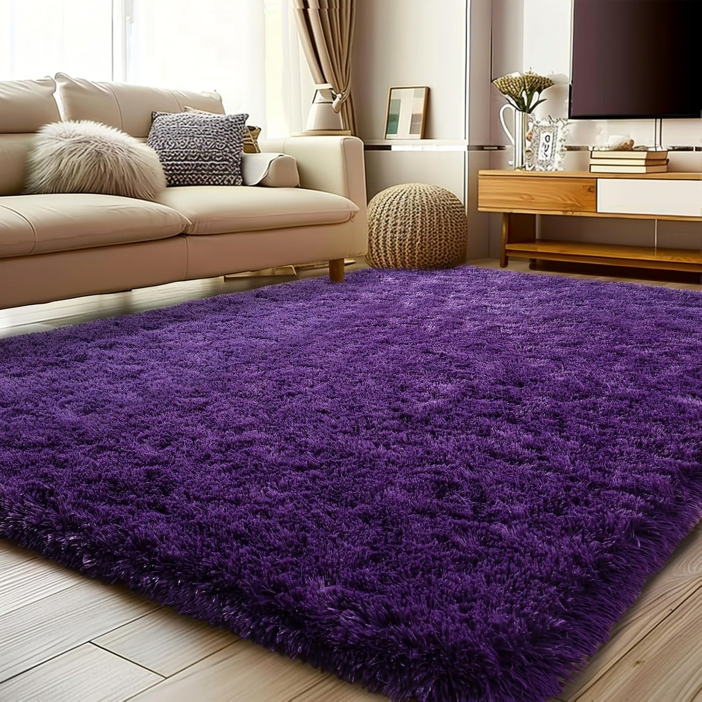 Area Rug Fluffy Faux-Fur Shag in Solid, Tie-Dye and Ombre Colors with Six available Room Sizes