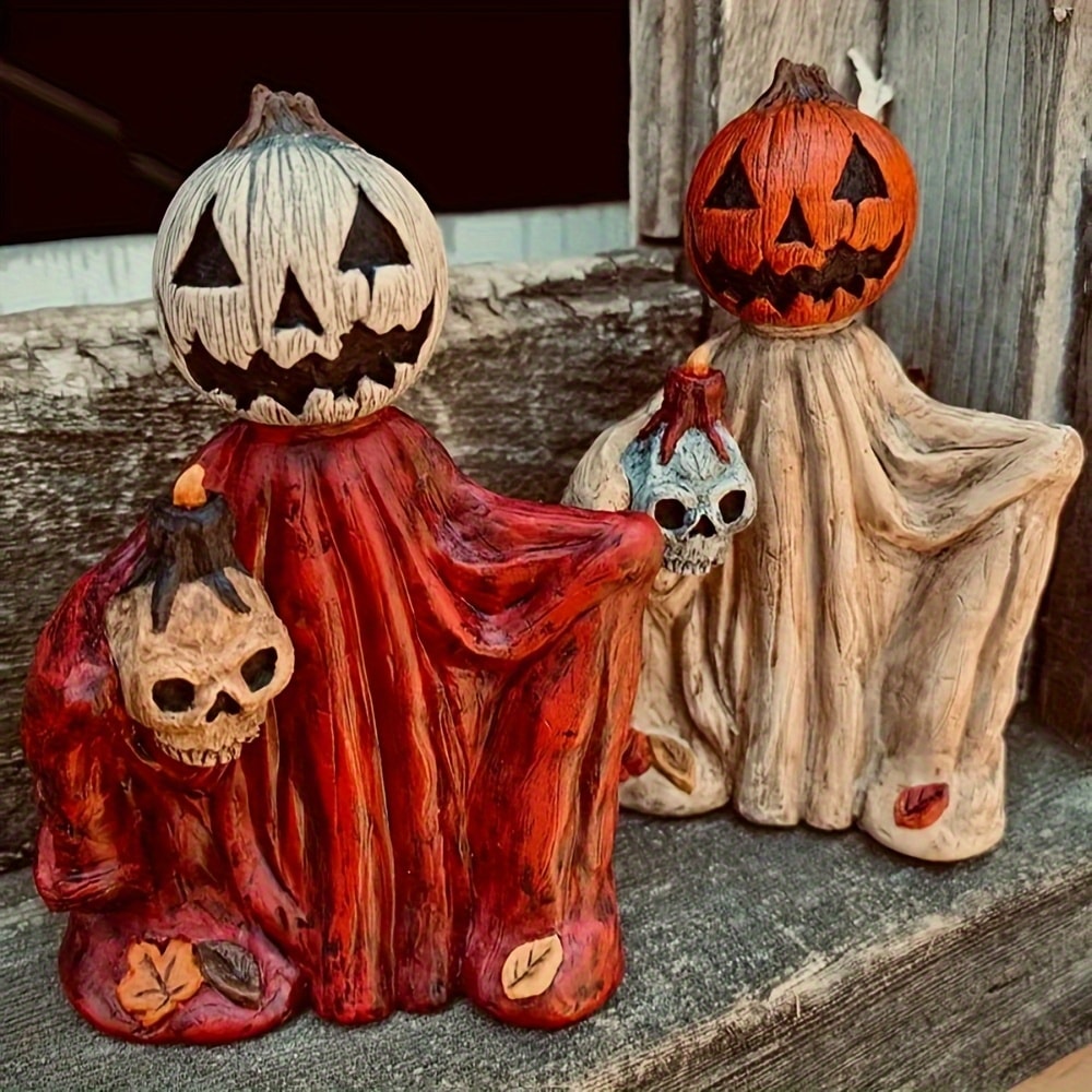 Halloween Pumpkin Wizard Resin Figurine 2-Pack, Spooky Desktop Ornament & Bookshelf Decor for Entryways, Bedrooms and Living Spaces