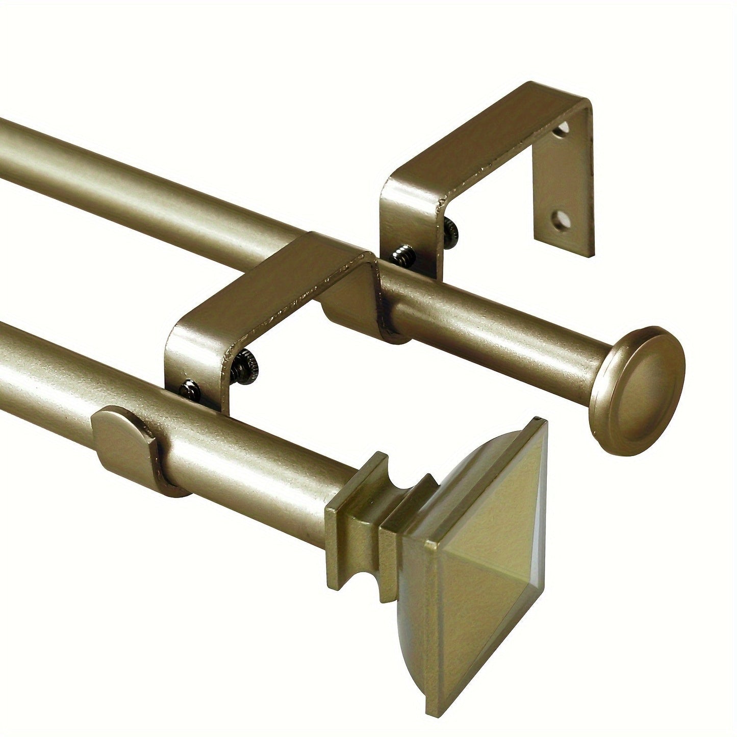 Double Curtain Rod Set with Square Urn Finials, Dual Brackets and Five Finish Options for Layered Panels