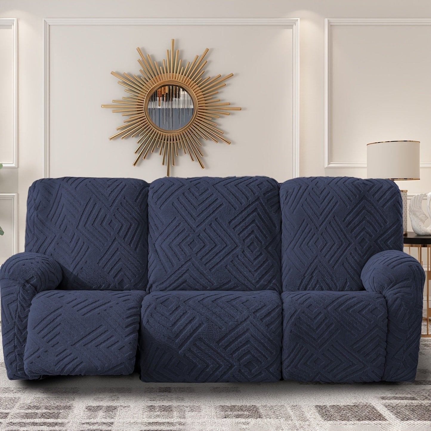 Sofa Cover Three-Seat Jacquard Knit Slipcover with Side Pocket, Elastane Stretch and Seven Solid Colors