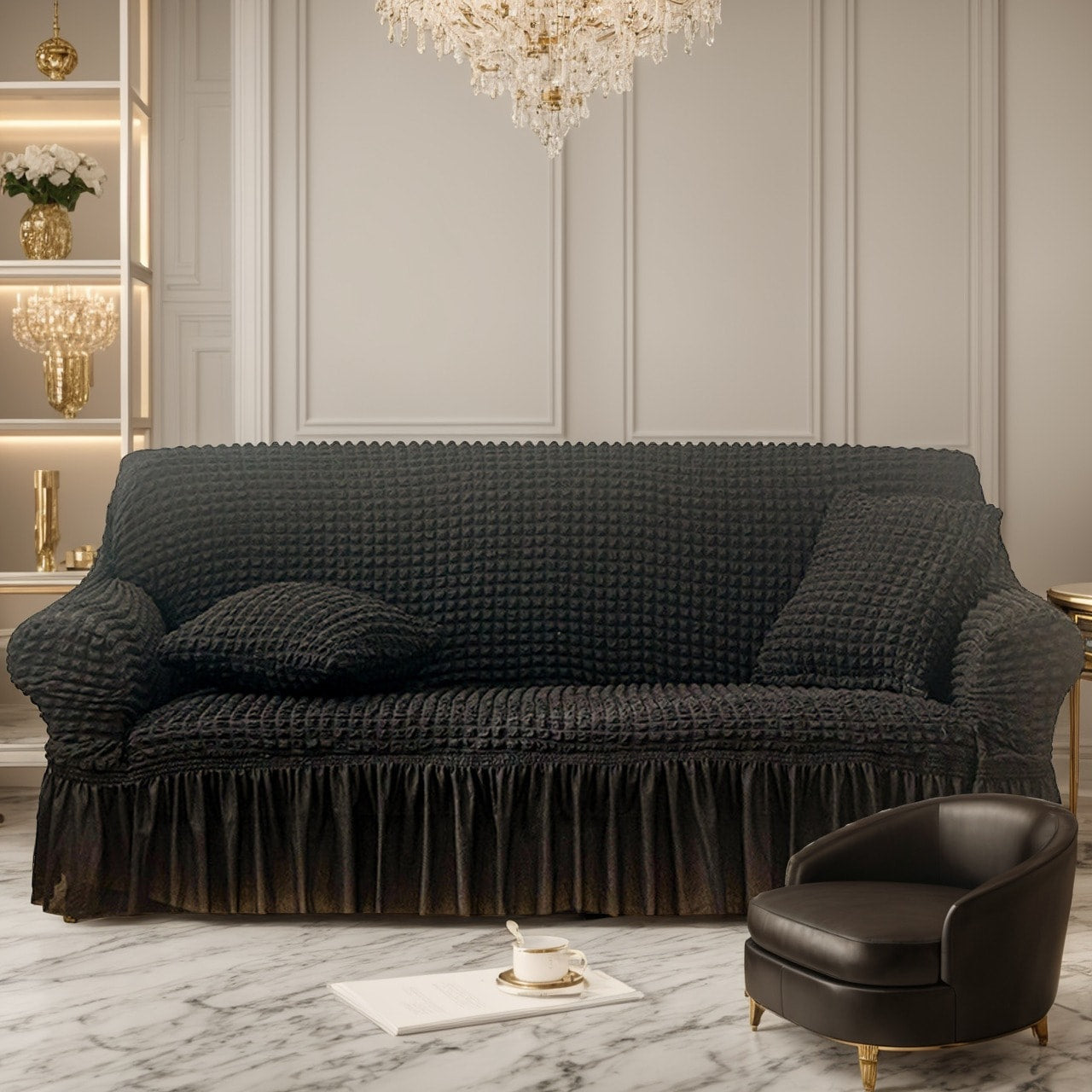 Sofa Cover High-Elasticity Seersucker Skirt Slipcover with Drawstring for 1 to 4-Seater Sofas in Eight Colors