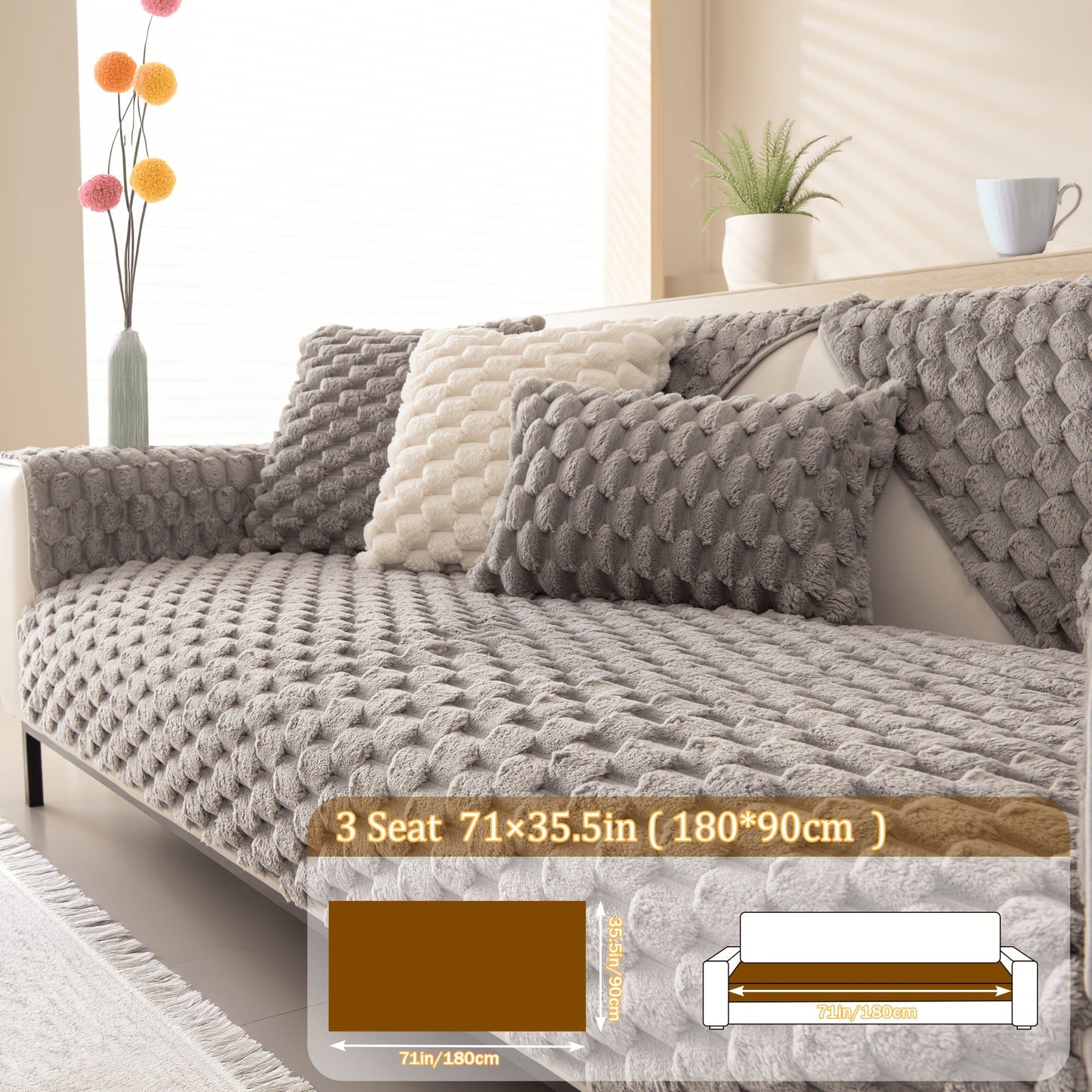 Sofa Cover 35.5-Inch Fuzzy Polyester Single-Piece Pad with Silicone-Dot Backing for 2 to 4 Seats