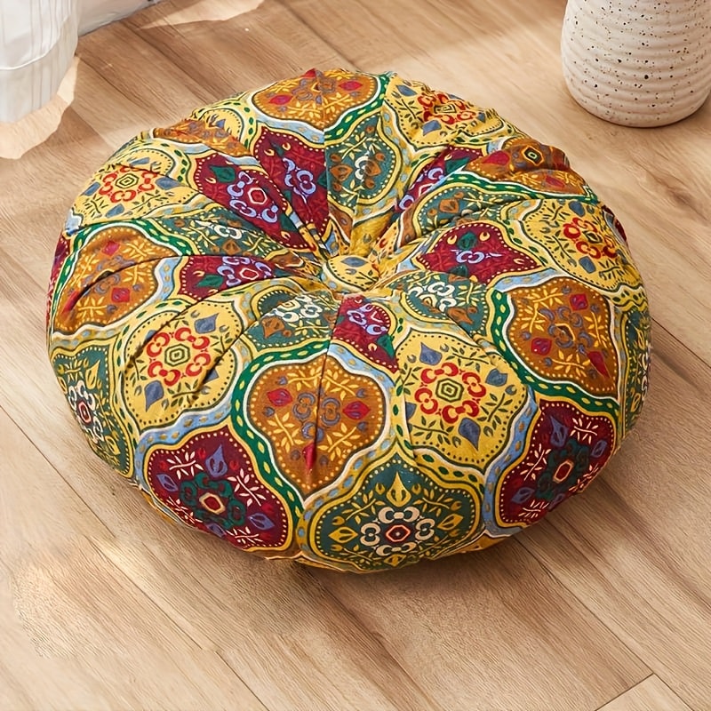 Floor Pillow Round Bohemian Thick Cushion Vintage Floral Pattern Boho Meditation Seat Pad for Entryways, Bedrooms and Living Spaces