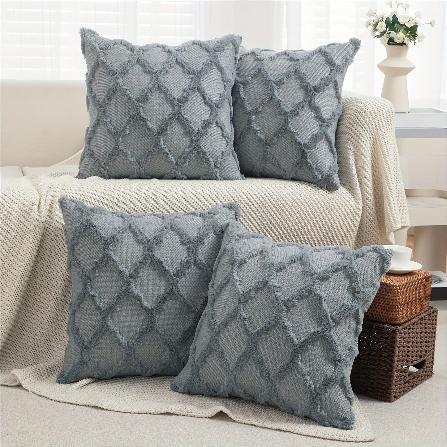 Decorative Pillow Covers 18x18 Set of 4 Boho Soft Plush Faux Wool Throw Pillow Cases with Zipper for Sofa Couch Bedroom Living Room