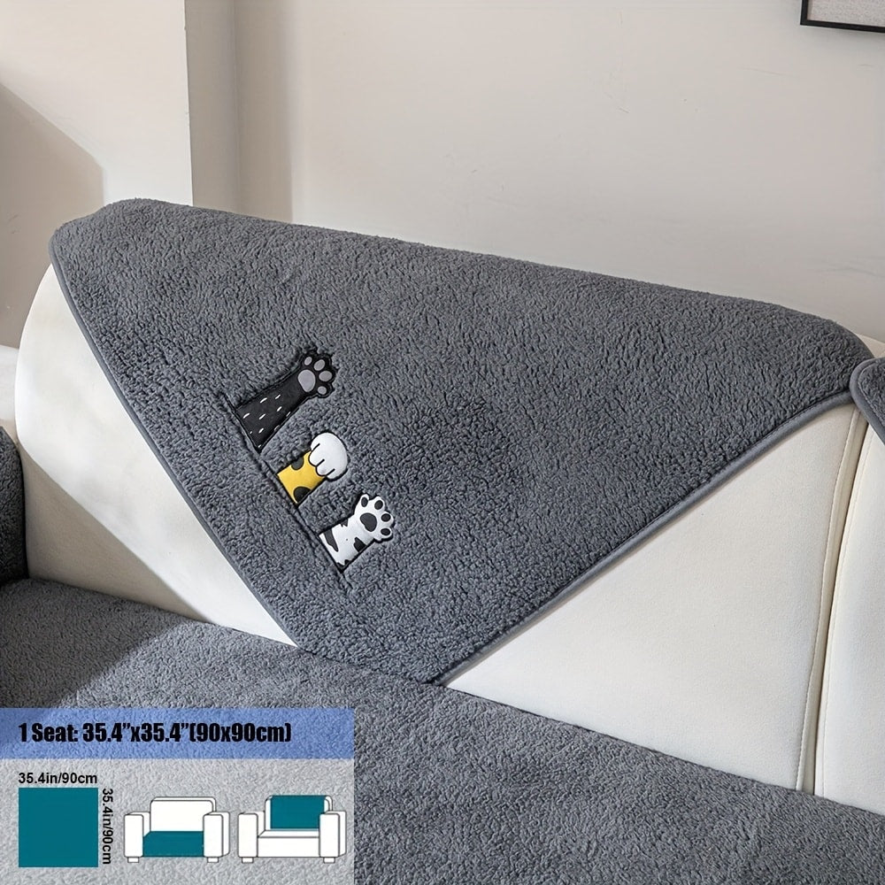 Sofa Cover, Sherpa Plush Cat-Paw Embroidered Seat Pad with Backing Detail in Four Colors and Seven Sizes