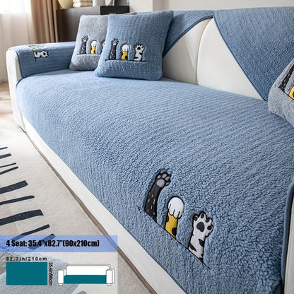 Sofa Cover, Sherpa Plush Cat-Paw Embroidered Seat Pad with Backing Detail in Four Colors and Seven Sizes