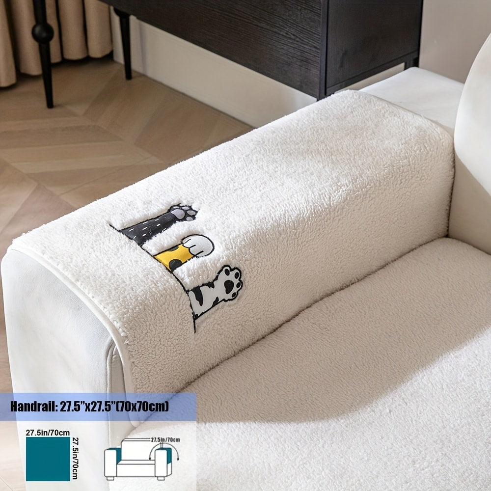 Sofa Cover, Sherpa Plush Cat-Paw Embroidered Seat Pad with Backing Detail in Four Colors and Seven Sizes