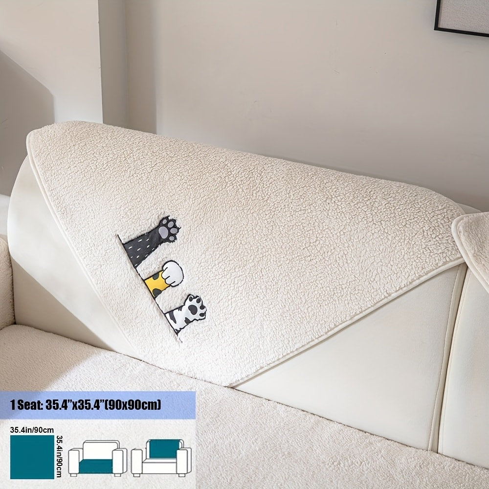 Sofa Cover, Sherpa Plush Cat-Paw Embroidered Seat Pad with Backing Detail in Four Colors and Seven Sizes
