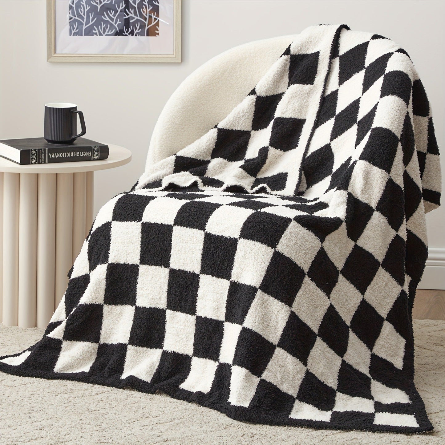 Jacquard Knit Checkered Blanket, Cozy Fluffy Plaid Throw for Couch, Bed & Sofa, All Seasons, 4 Colors