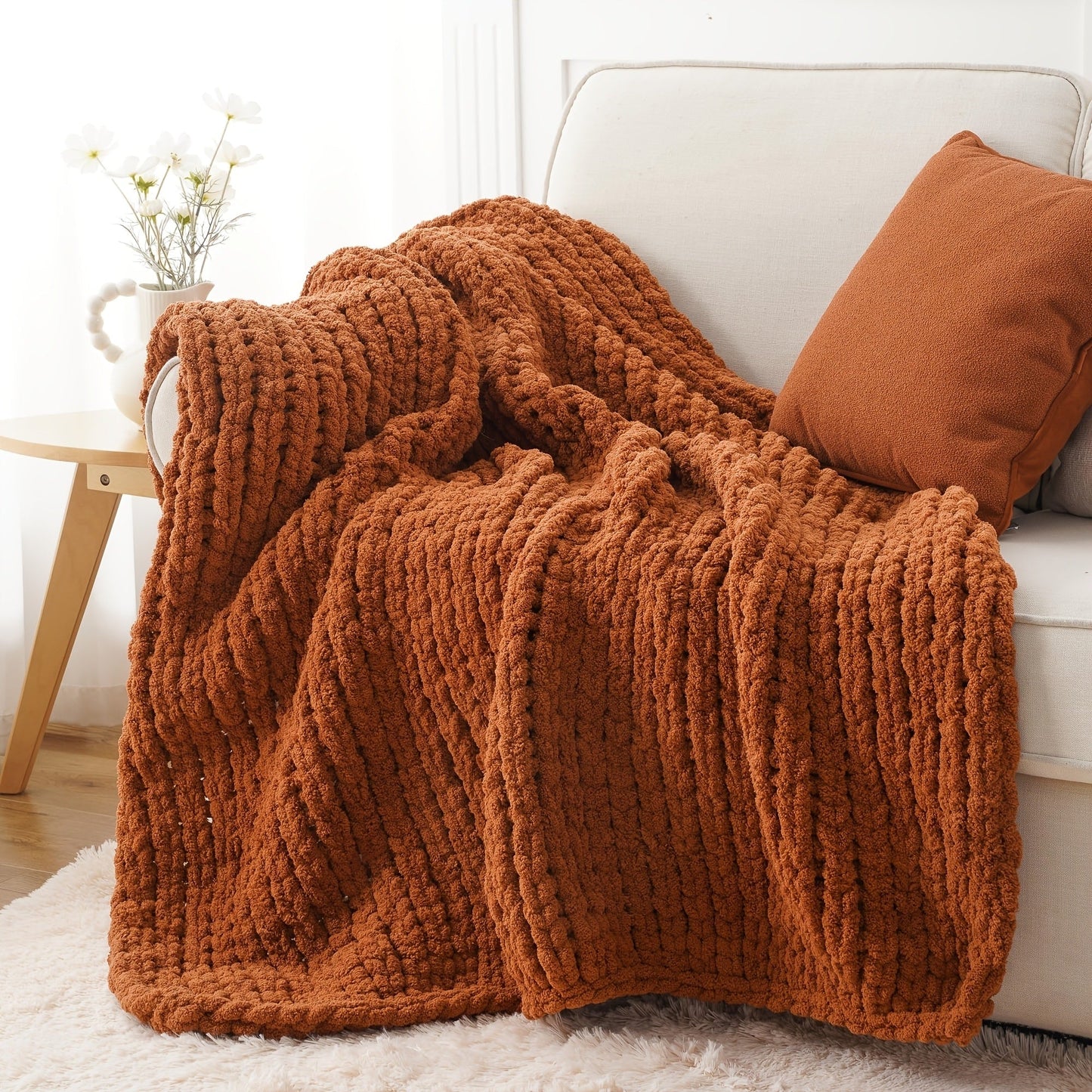 Chunky Chenille Cable Knit Throw Blanket, 350-400gsm Crochet Throw for Sofa, Bed & Couch, Vintage Patchwork