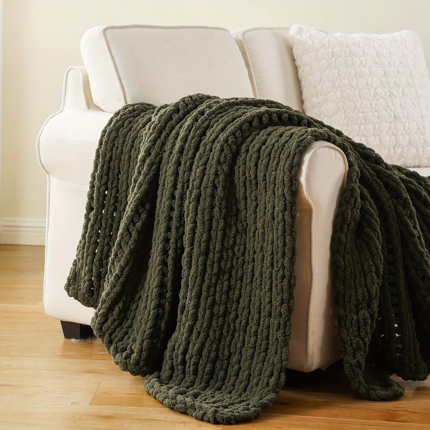 Chunky Chenille Cable Knit Throw Blanket, 350-400gsm Crochet Throw for Sofa, Bed & Couch, Vintage Patchwork