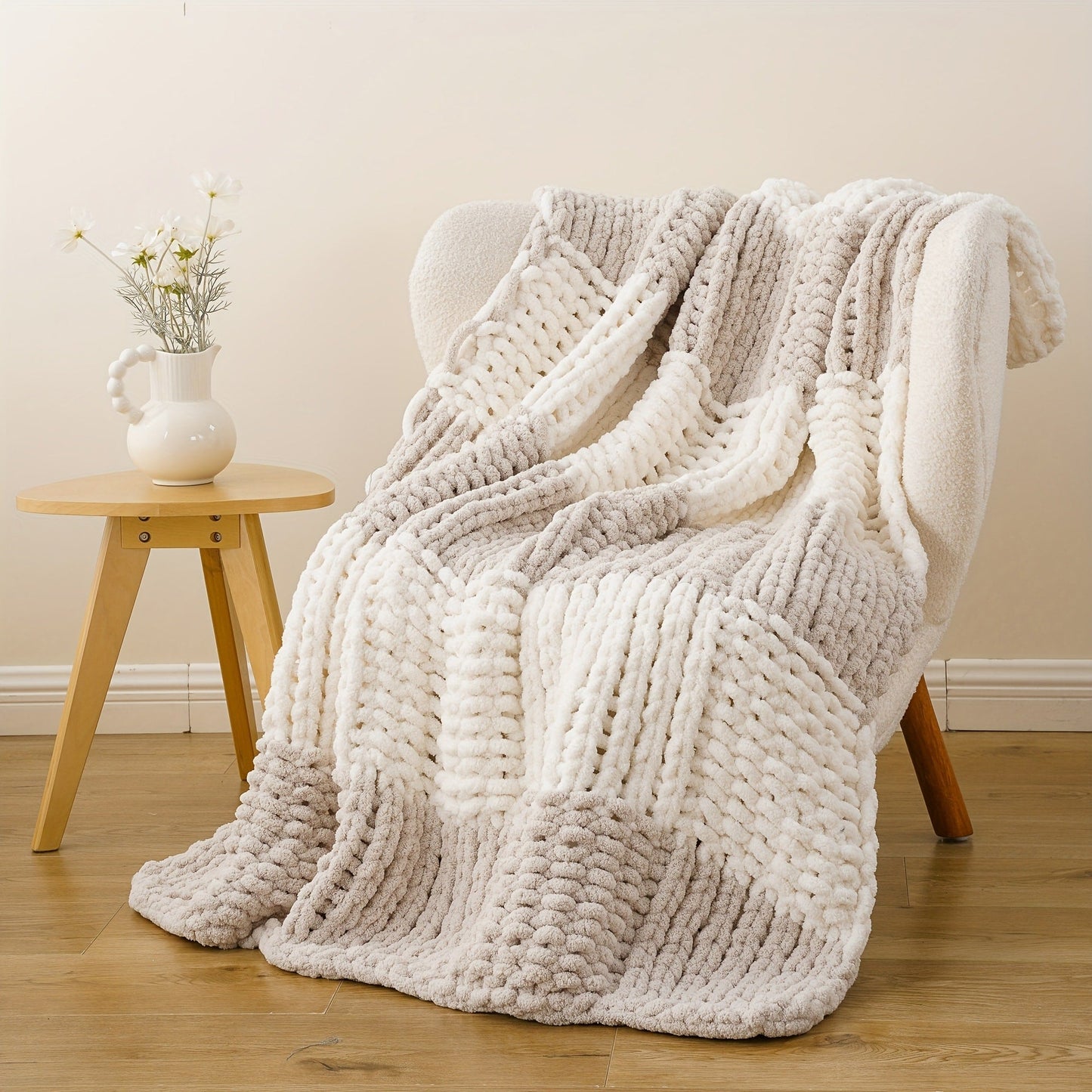 Chunky Chenille Cable Knit Throw Blanket, 350-400gsm Crochet Throw for Sofa, Bed & Couch, Vintage Patchwork