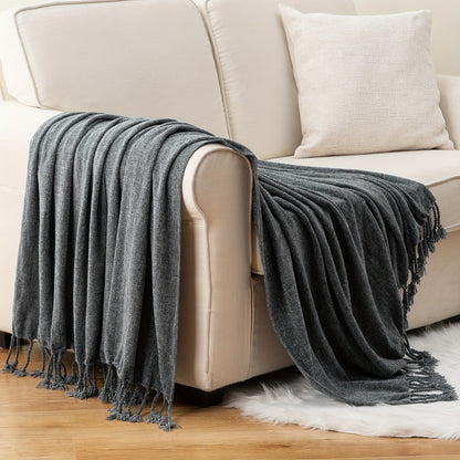 Chenille Fringe Throw Blanket, 180-200gsm Velvety Decorative Throw for Sofa & Couch, Home Decor, 50”×60”