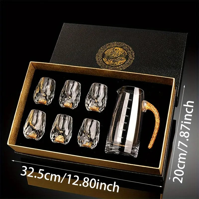 24K Gold Plated Crystal Wine Set – 1 Decanter & 6 Cups with Leakproof Crystal Glasses – Elegant Black Gift Box – Luxury Home Bar