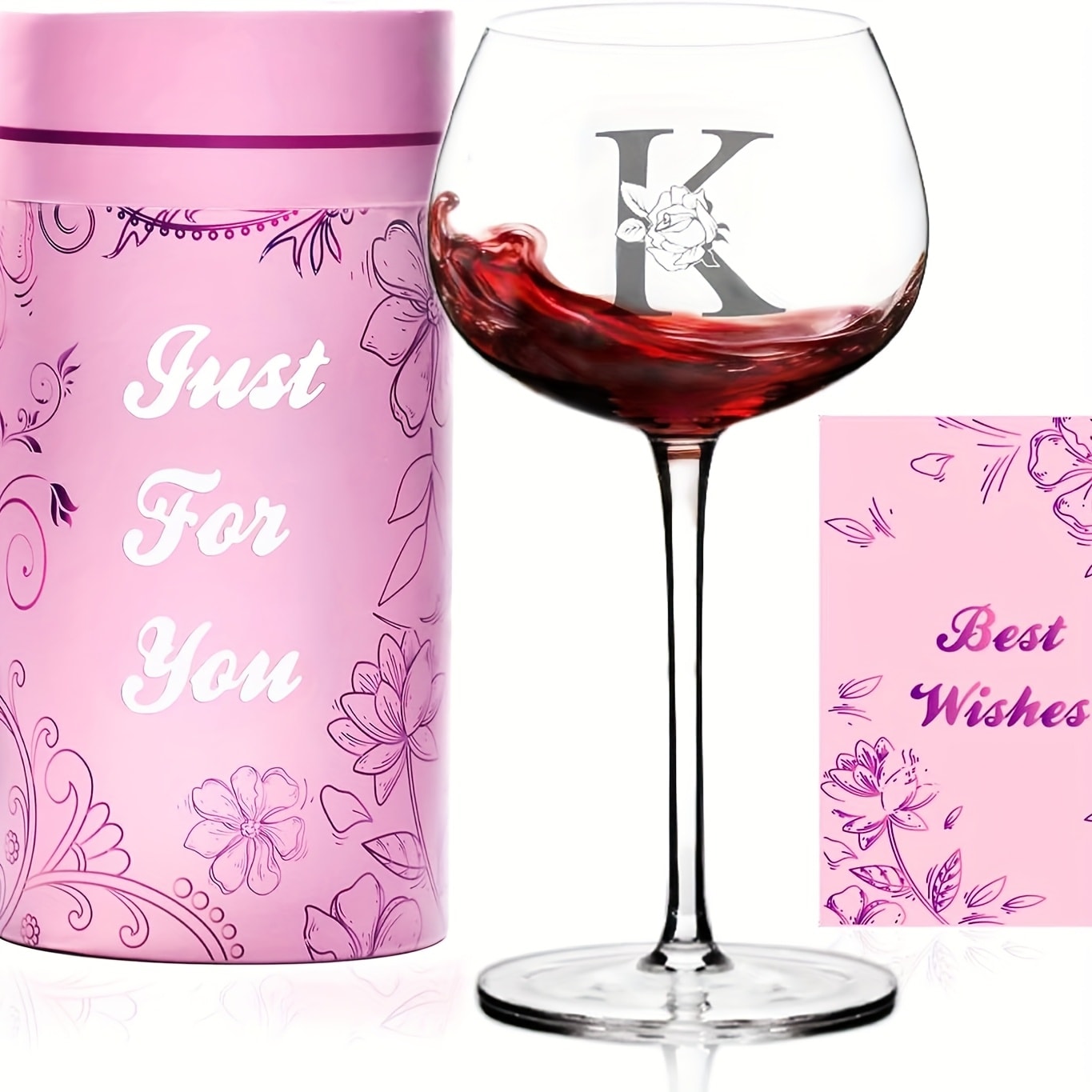 Personalized Wine Glass Gift for Women – A-Z Initial Letter Monogrammed Wine Glass with Gift Box & Greeting Card – Unique Birthday