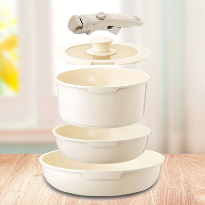 Cookware Set IKTU 5-Piece Detachable-Handle Aluminum Pots and Pans in White, Pink, Beige or Coral Pink