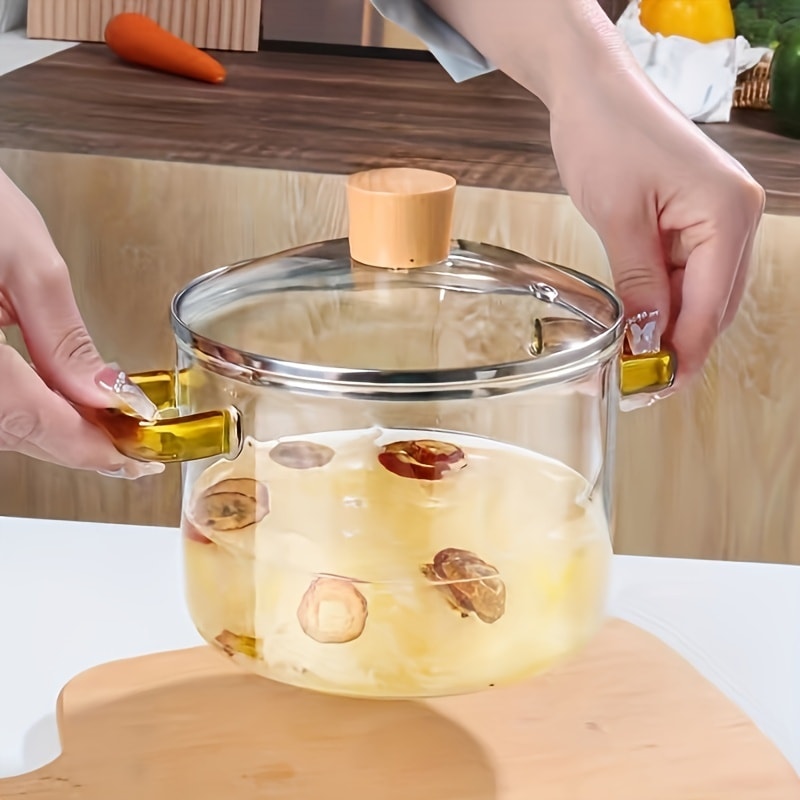 Borosilicate Glass Pot with Lid 50oz Stovetop & Microwave Safe – Double Heat-Resistant Handles for Soup, Milk & Porridge | Transparent Glass
