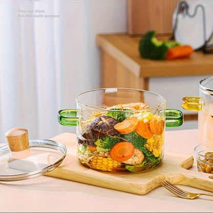 Borosilicate Glass Pot with Lid 50oz Stovetop & Microwave Safe – Double Heat-Resistant Handles for Soup, Milk & Porridge | Transparent Glass