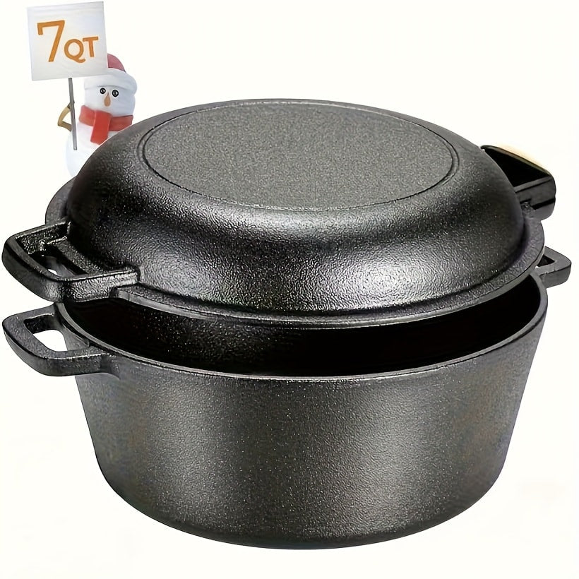 Cast Iron Dutch Oven Set 5.1QT & 7QT with Skillet Lid – Pre-Seasoned 2-in-1 Cookware for Stovetop, Induction, Oven, Campfire & BBQ