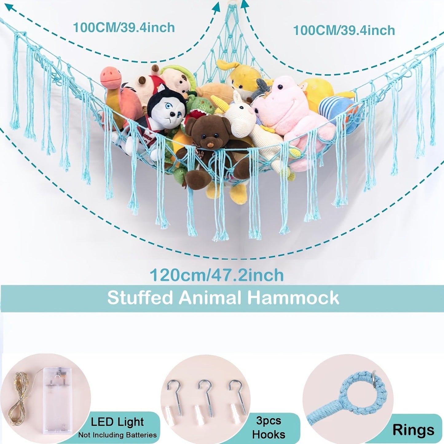 Stuffed Animal Storage Hammock with Lights Corner Hanging Toy Net Organizer for Nursery for Entryways, Bedrooms and Living Spaces