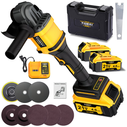 Power Tools YUNXI Cordless Angle Grinder with Rechargeable Battery, Polishing Accessories and Case Options