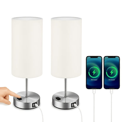 Table Lamp HOODINK with Cylindrical Shade, 3-Way Touch Dimming, USB-A, USB-C, AC Outlet and One or Two-Pack Options