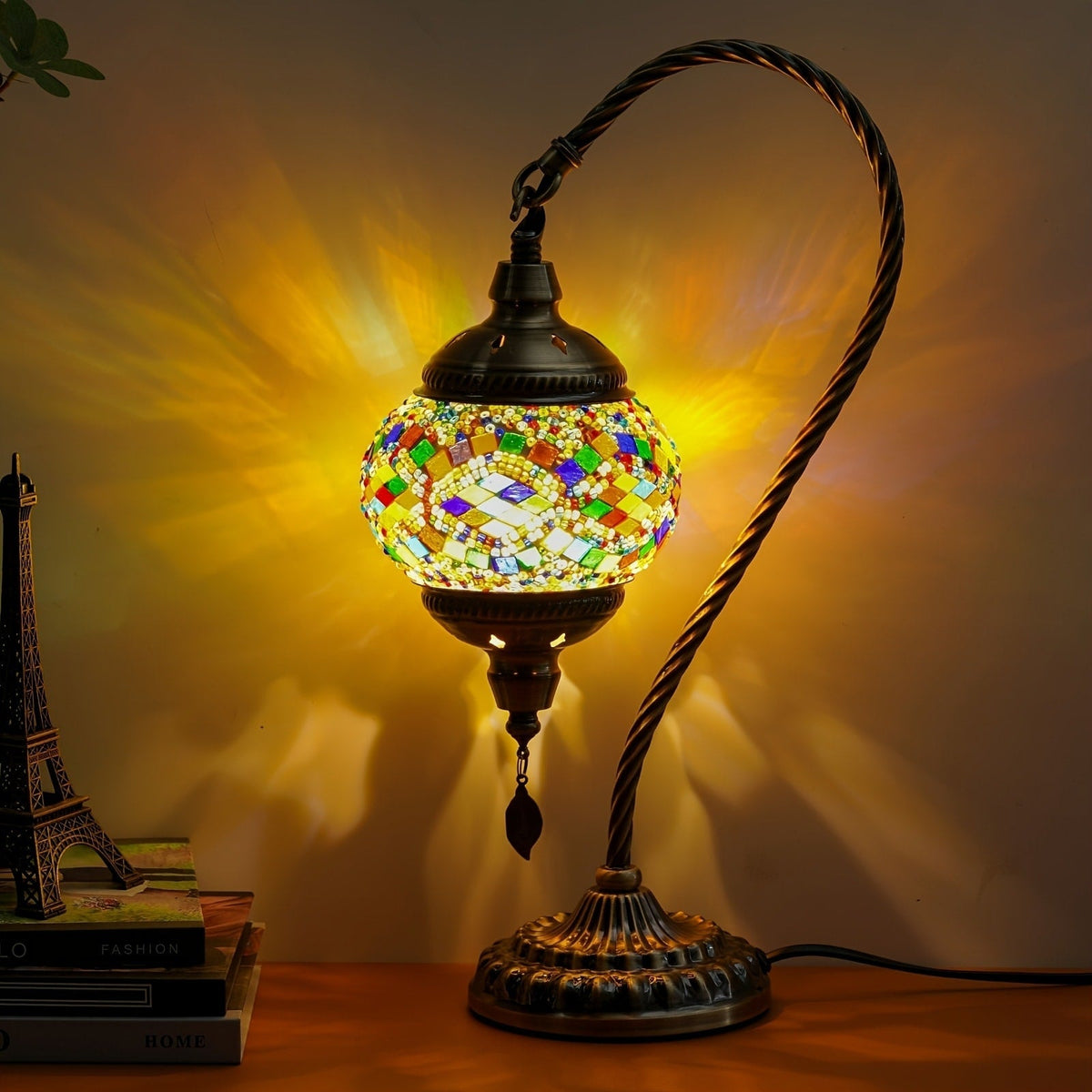 Table Lamp with Swan-Neck Mosaic Glass Shade, Metal Base, Six Color Options and Three White-Light Modes