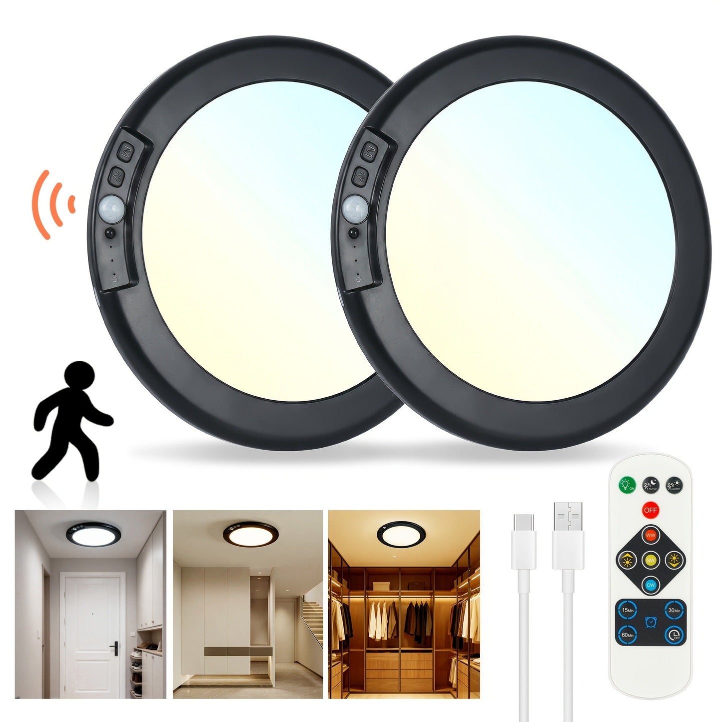 Rechargeable LED Ceiling Light with Motion Sensor, Remote Control Dimmable, 3 Color Temps 3000K/4500K/6500K