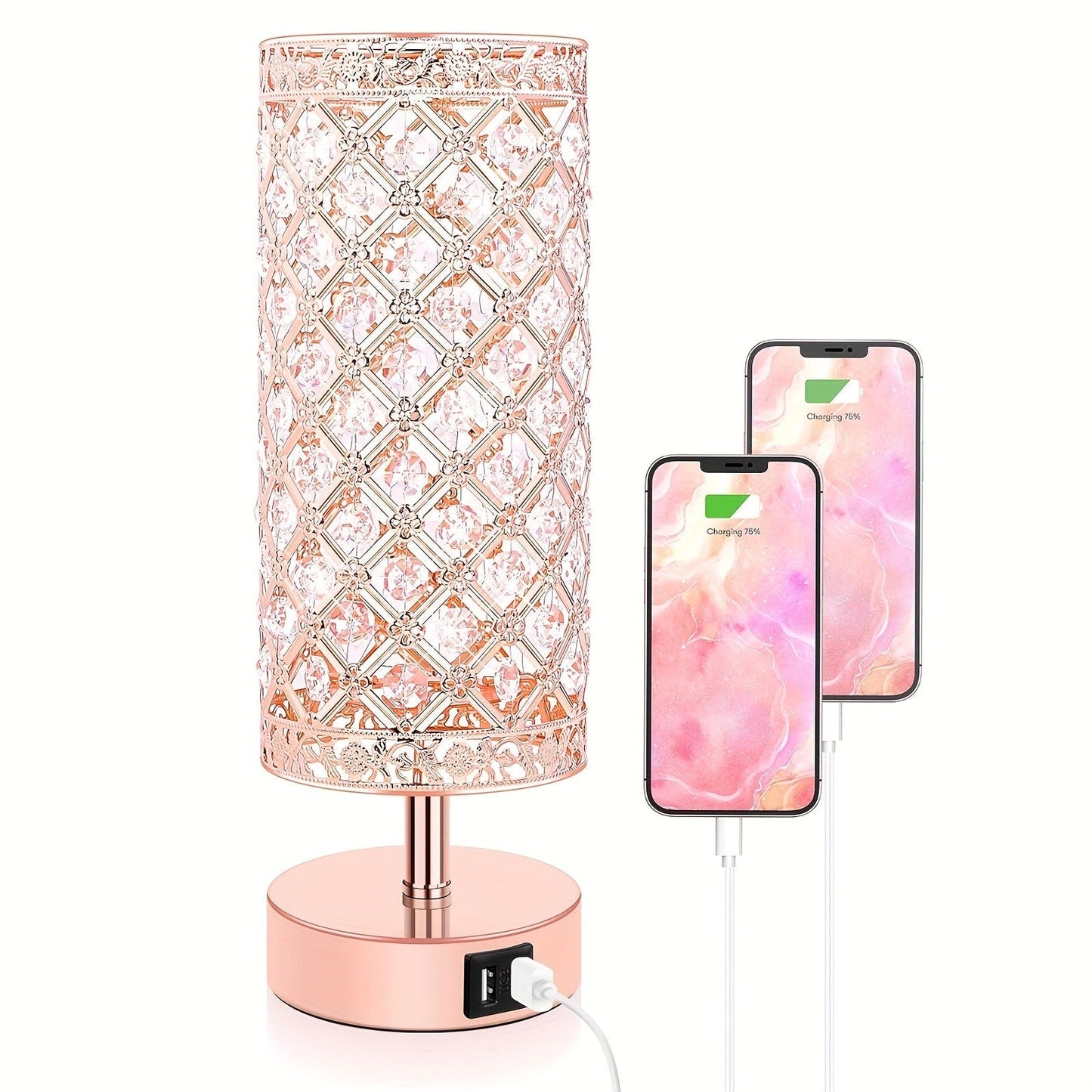 Crystal Cylinder Bedside Table Lamp with Dual USB Ports in Three Finishes and One- or Two-Pack Options