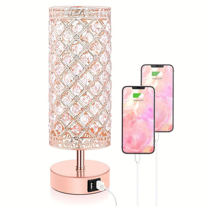 Crystal Cylinder Bedside Table Lamp with Dual USB Ports in Three Finishes and One- or Two-Pack Options