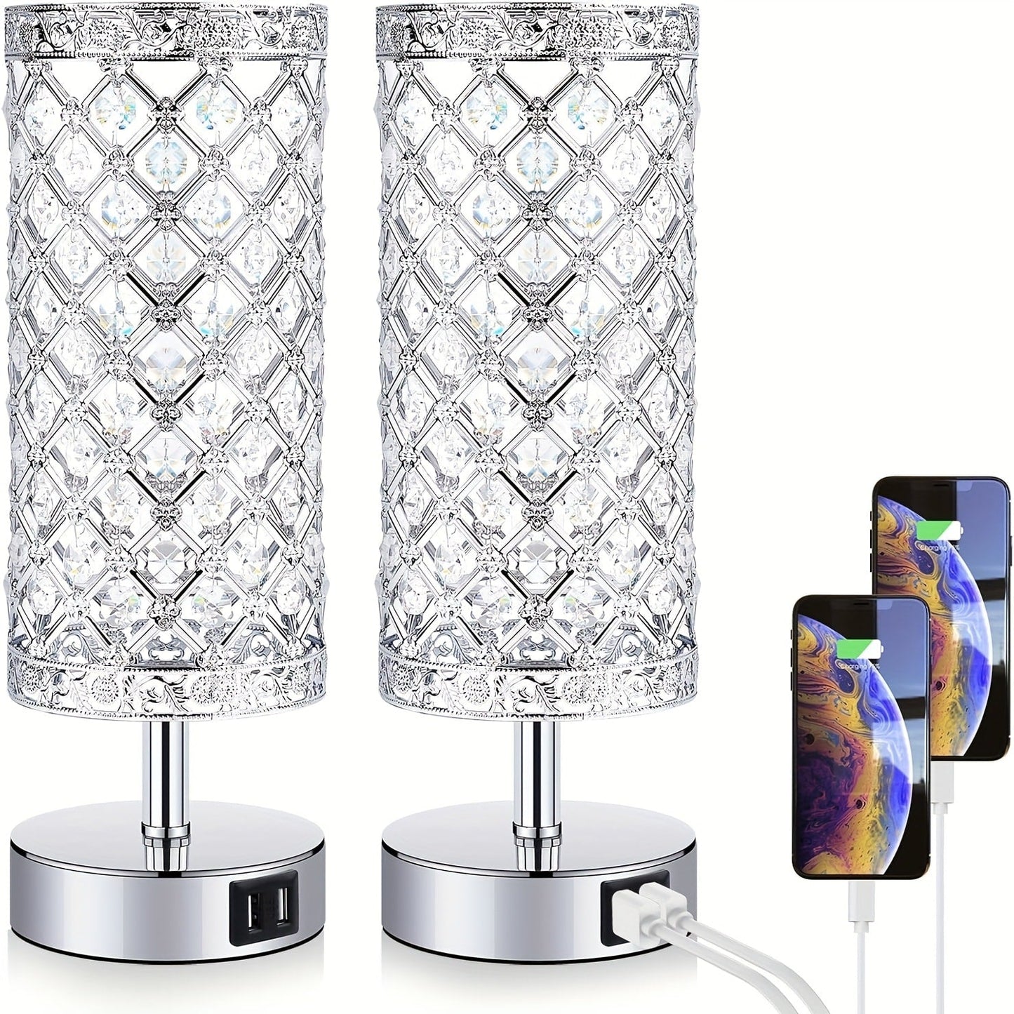 Crystal Cylinder Bedside Table Lamp with Dual USB Ports in Three Finishes and One- or Two-Pack Options