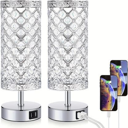 Crystal Cylinder Bedside Table Lamp with Dual USB Ports in Three Finishes and One- or Two-Pack Options