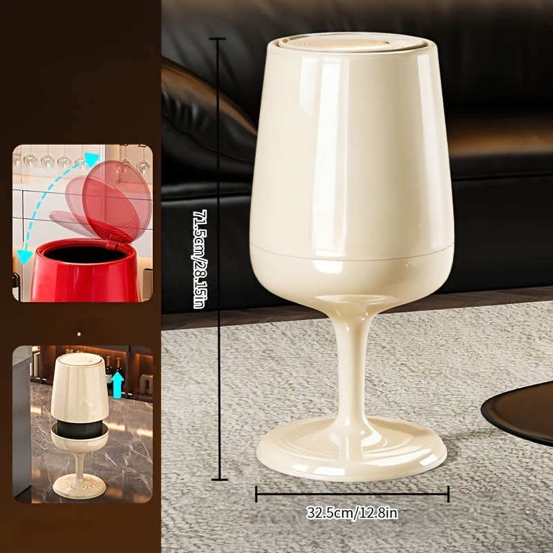 Wine Glass-Shaped Trash Can with Press Lid, 28.15-Inch Height and Red, Cream White or Black Finish