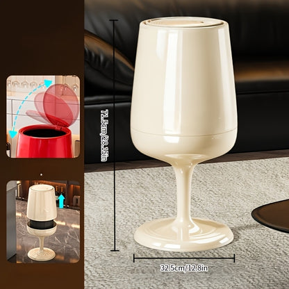 Wine Glass-Shaped Trash Can with Press Lid, 28.15-Inch Height and Red, Cream White or Black Finish