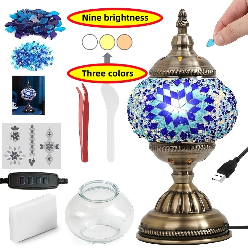 DIY Mosaic Lamp Kit Handmade Glass Table Lamp, Colorful Stained Glass Bedside Night Light with Antique Bronze Base