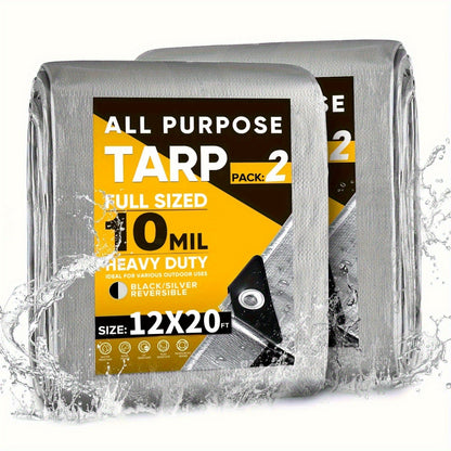 Tarp 2-Pack 10Mil 150GSM Black Silver, Tear-Proof Polyethylene Cover with Reinforced Grommets for Roof Pool Boat Car Camping & Outdoor