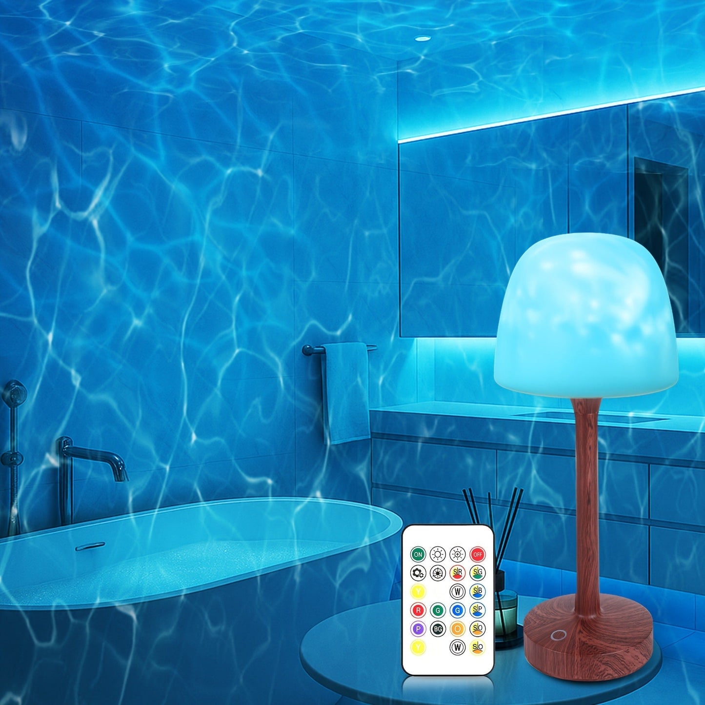 Ocean Wave LED Projector Lamp, 16 Color Rechargeable Cordless Night Light with Remote, Water Ripple Atmosphere Lamp for Bathroom Bedroom