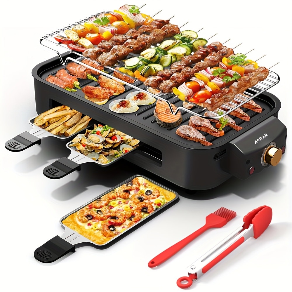 Electric BBQ Grill Indoor, 1500W Smokeless Tabletop Grill with Removable Frying Pan, Waffle Maker & Non-Stick Stainless Steel Plates
