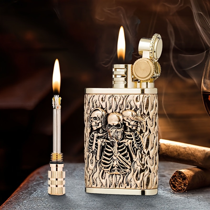 Kerosene Lighter 2-in-1 Permanent Match Flint Wheel Refillable, Golden Windproof Pocket Lighter with Built-In Match Strike