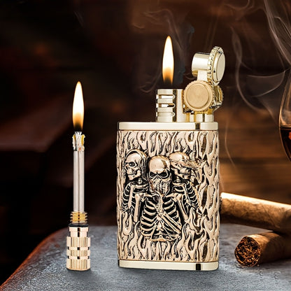 Kerosene Lighter 2-in-1 Permanent Match Flint Wheel Refillable, Golden Windproof Pocket Lighter with Built-In Match Strike