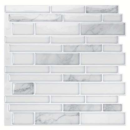 Ten-Sheet White Marble Subway-Pattern Peel-and-Stick Backsplash Wall Tile Set with 30 x 18 cm Panels