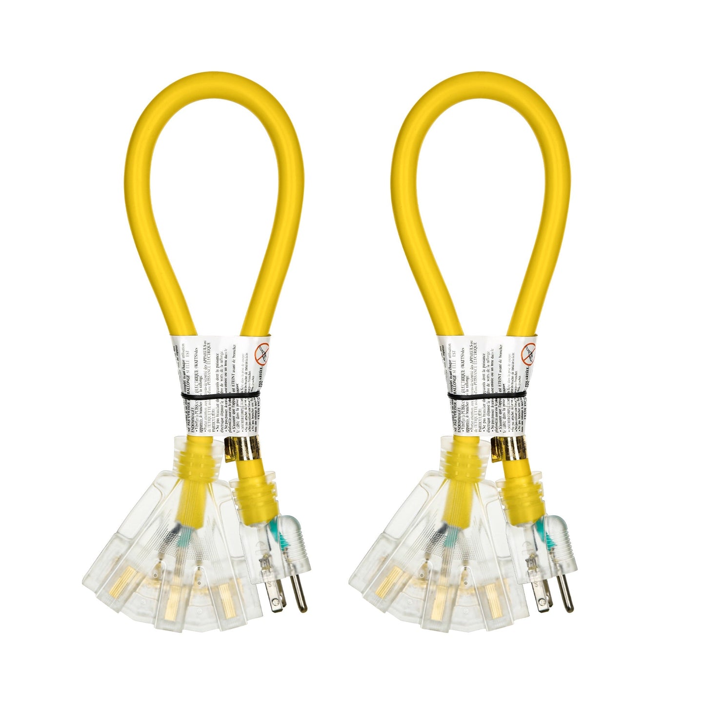 Extension Cord Splitter Tri-Tap 2-Pack, 15A SJTW Contractor Grade, LED Lighted Plug, 2ft Yellow Jacket for Outdoor & Job Site Use