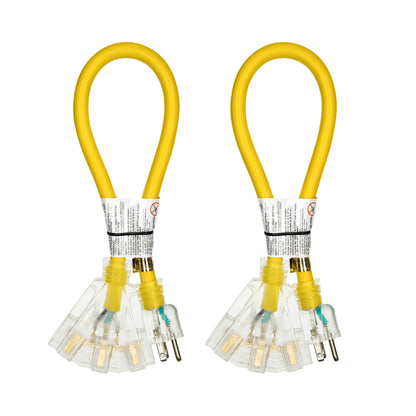 Extension Cord Splitter Tri-Tap 2-Pack, 15A SJTW Contractor Grade, LED Lighted Plug, 2ft Yellow Jacket for Outdoor & Job Site Use