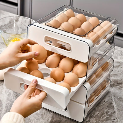 Egg Storage Container 32 Grid Double Layer with Drawer | Fridge Egg Holder Organizer | Sturdy PET+PP Stackable Egg Tray for Refrigerator