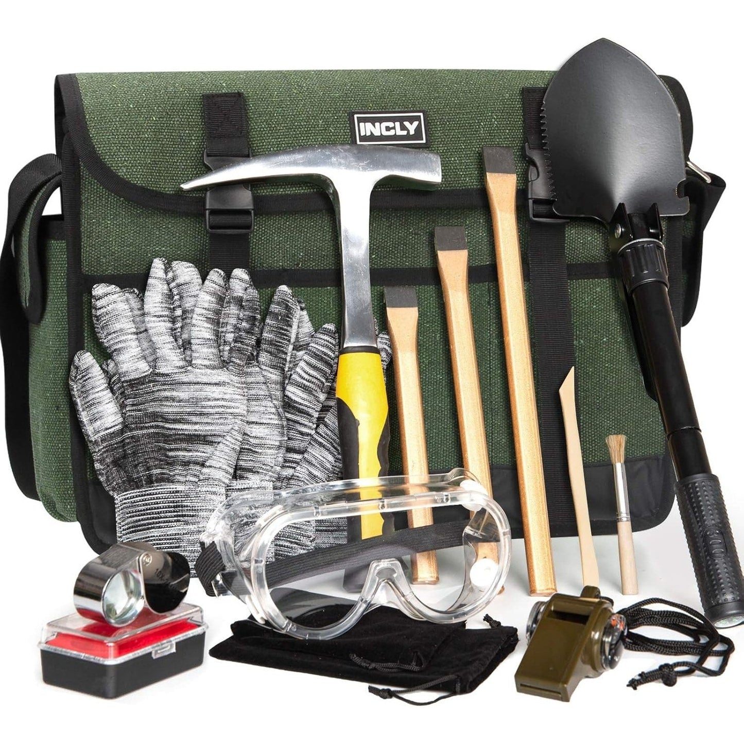 Geology Rock Pick Hammer Kit 15-Piece, 32oz Rock Hammer, 3 Digging Chisels, Shovel, Compass, Whistle & Musette Bag for Rock Hounding