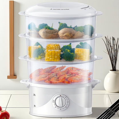 Electric Food Steamer 3-Tier 9.6QT Large, 800W Fast Cooking, 60-Min Timer, Boil-Dry Protection, &