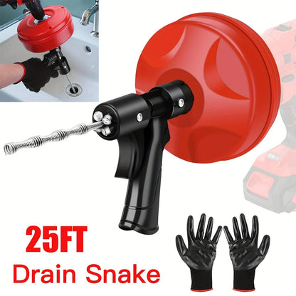 Drain Snake Auger 25ft with Drill Adapter – Manual & Drill-Powered Plumbing Snake, 1/4" Spiral Head for 1-1/4" to 3" Pipes